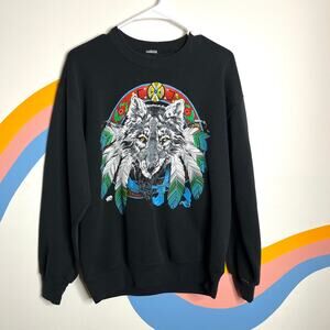 Vintage 80s 90s Wolf Sweatshirt Men's M Black Crewneck Feathers Native American‎